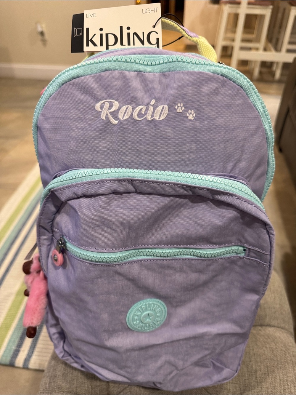 Kipling Lavender Kids Backpack with Mint Trim, customized “ROCIO” NWT